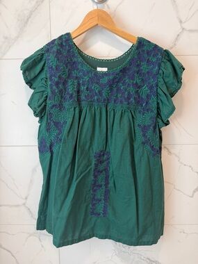 J. Marie Women's Green Embroidered Flutter-Sleeve Top